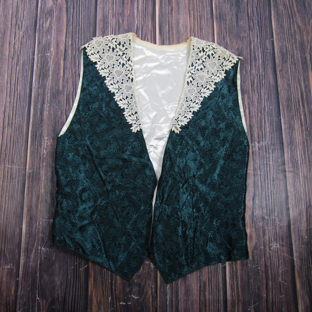 Vest Womens M Green Floral Satin Lace Collar‎ Belted Lined Party Cocktail